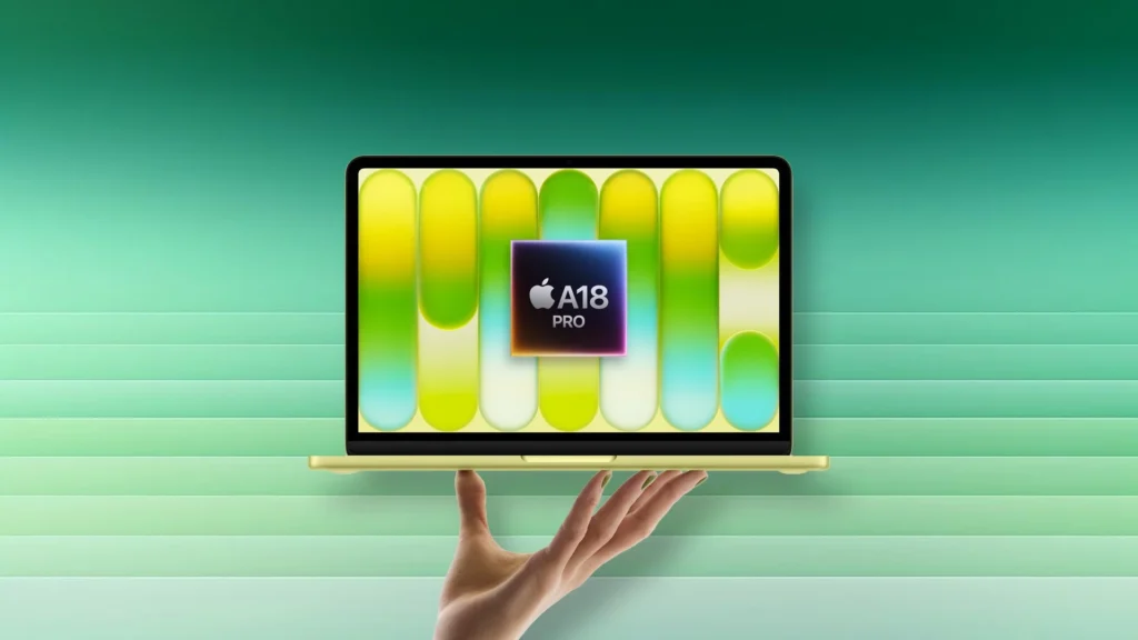 Uma mão segurando a base do novo MacBook Neo na cor amarela (Citrus). A tela do notebook exibe um gráfico verde e amarelo com a imagem do chip Apple A18 Pro flutuando no centro, destacando a integração do hardware de smartphone no computador.